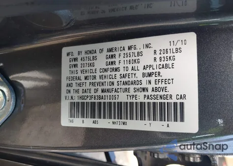 2011 Honda Accord 3.5 Ex-L из США, поврежденный, VIN 1HGCP3F83BA010057